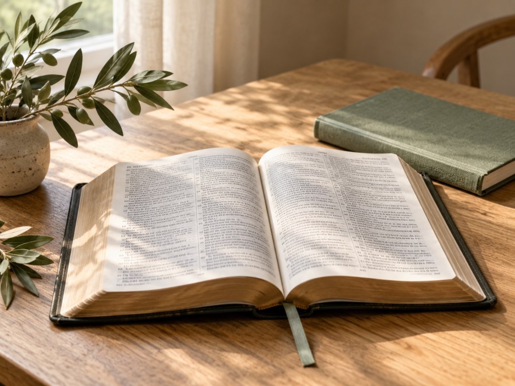 Open Bible on a wooden table beside a sage green journal in soft sunlight.